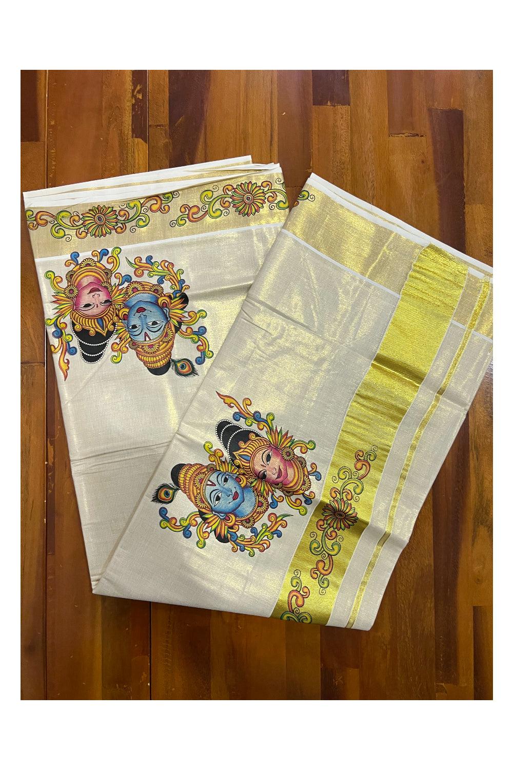 Kerala Tissue Kasavu Saree With Mural Printed Krishna Radha Design and Floral Works on Border