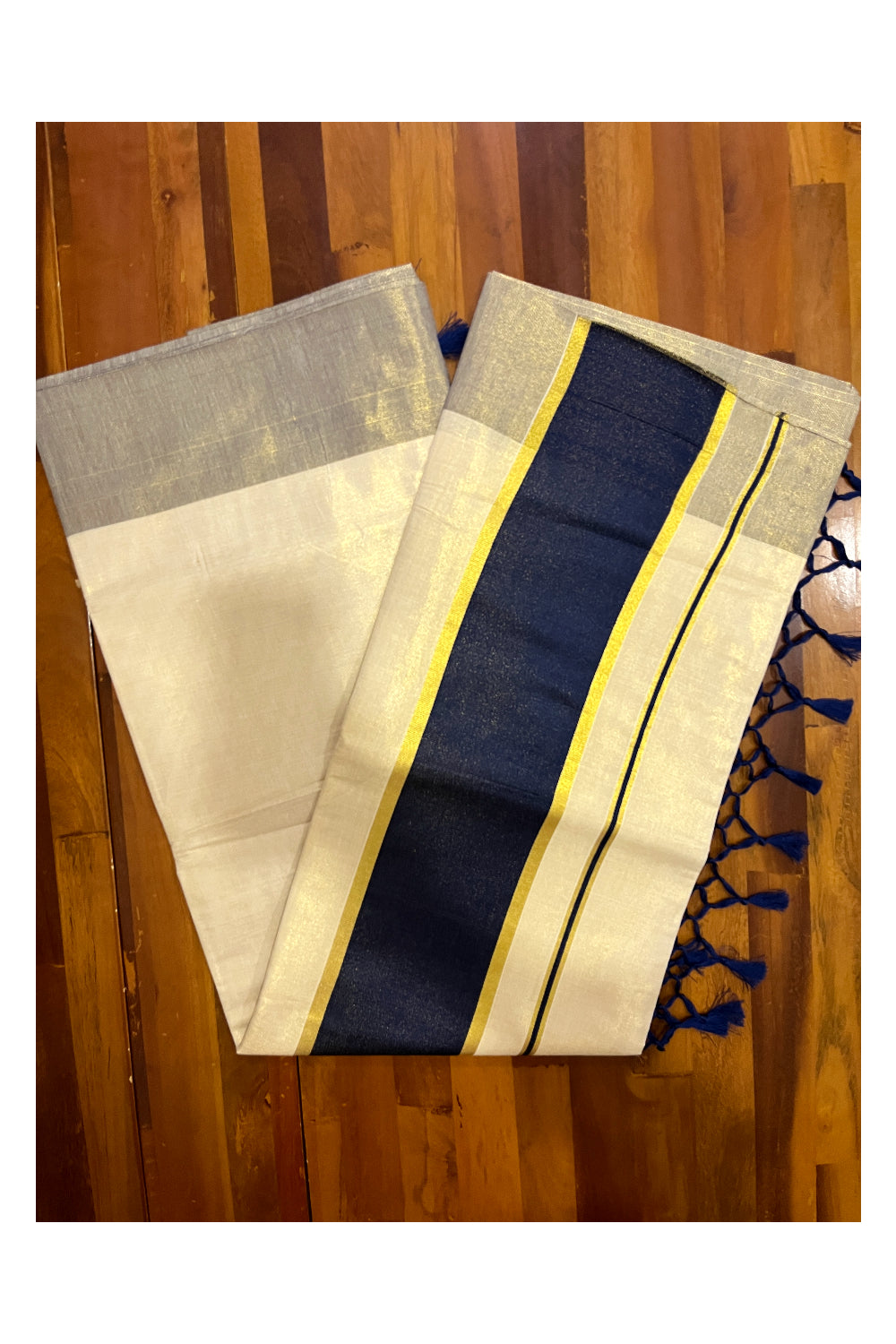 Kerala Kasavu Tissue Plain Saree with Navy Blue and Kasavu Border (Onam Saree 2023)