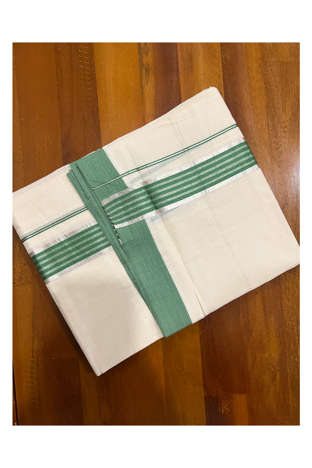 Off White Kerala Double Mundu with Green and Silver Kasavu Lines Border (South Indian Dhoti)