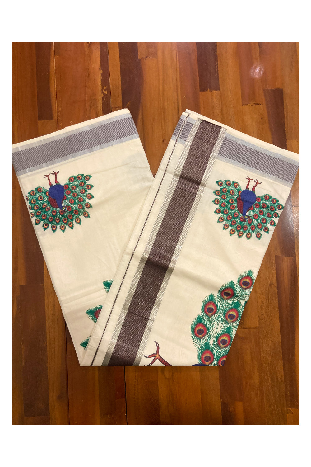 Pure Cotton Kerala Saree with Peacock Mural Prints and Silver Brown Border