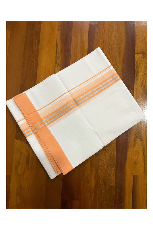 Pure White Cotton Double Mundu with Silver Kasavu and Orange Border (South Indian Dhoti)