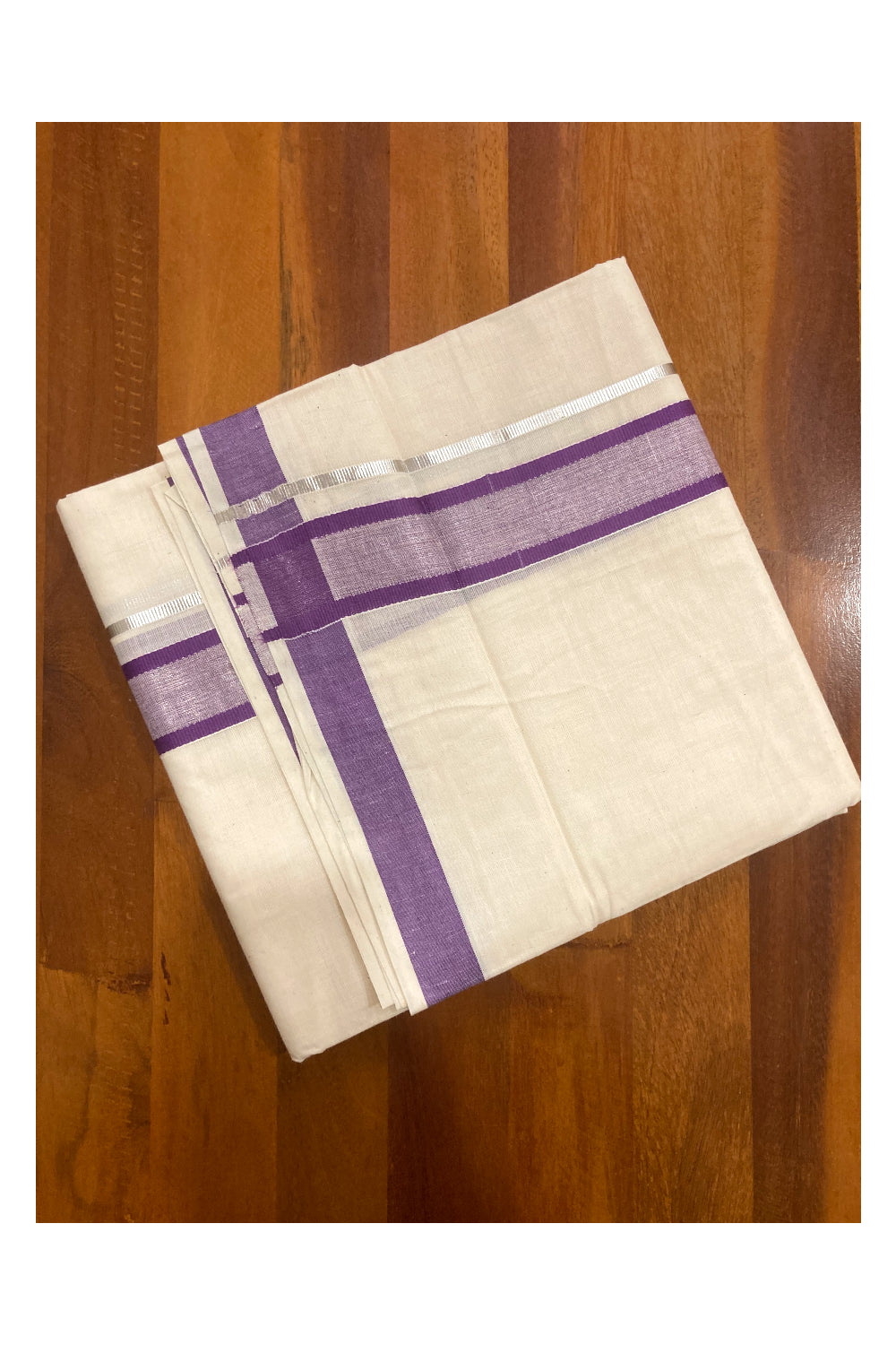 Off White Pure Cotton Double Mundu with SIlver Kasavu and Violet Border (South Indian Kerala Dhoti)