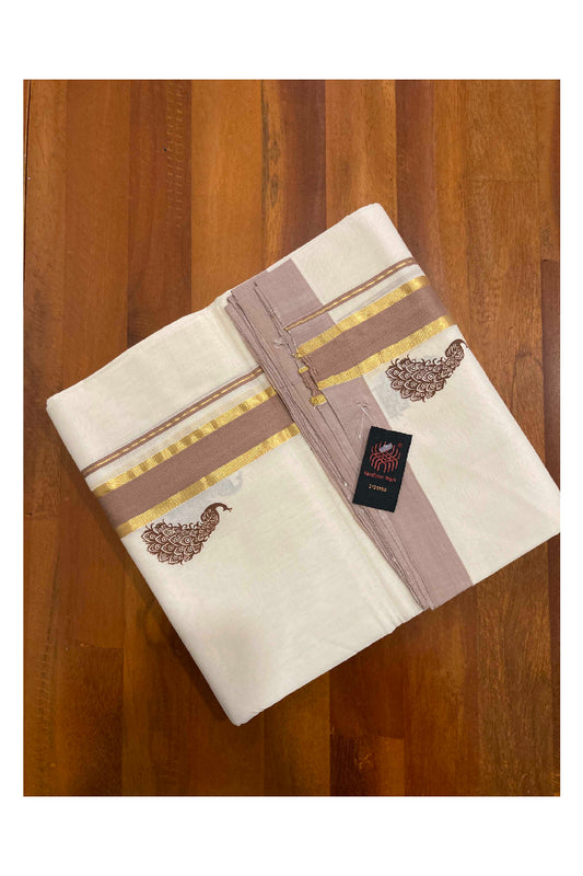 Southloom Balaramapuram Handloom Mundu with Light Brown and Kasavu Printed Border