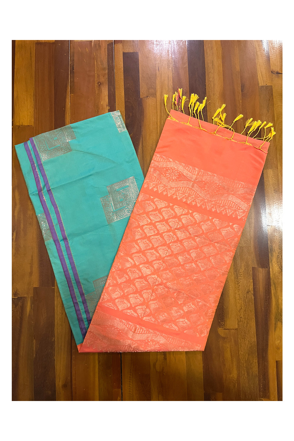 Southloom Soft Silk Turquoise Saree with Orange Pallu and Zari Woven Works