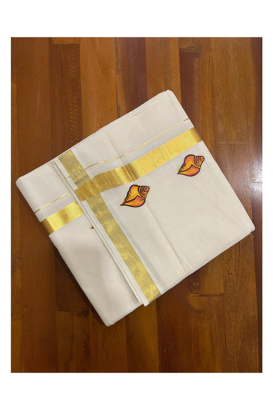 Off White Pure Cotton Double Mundu with Shell Mural Painted Design on Kasavu Kara (South Indian Dhoti)