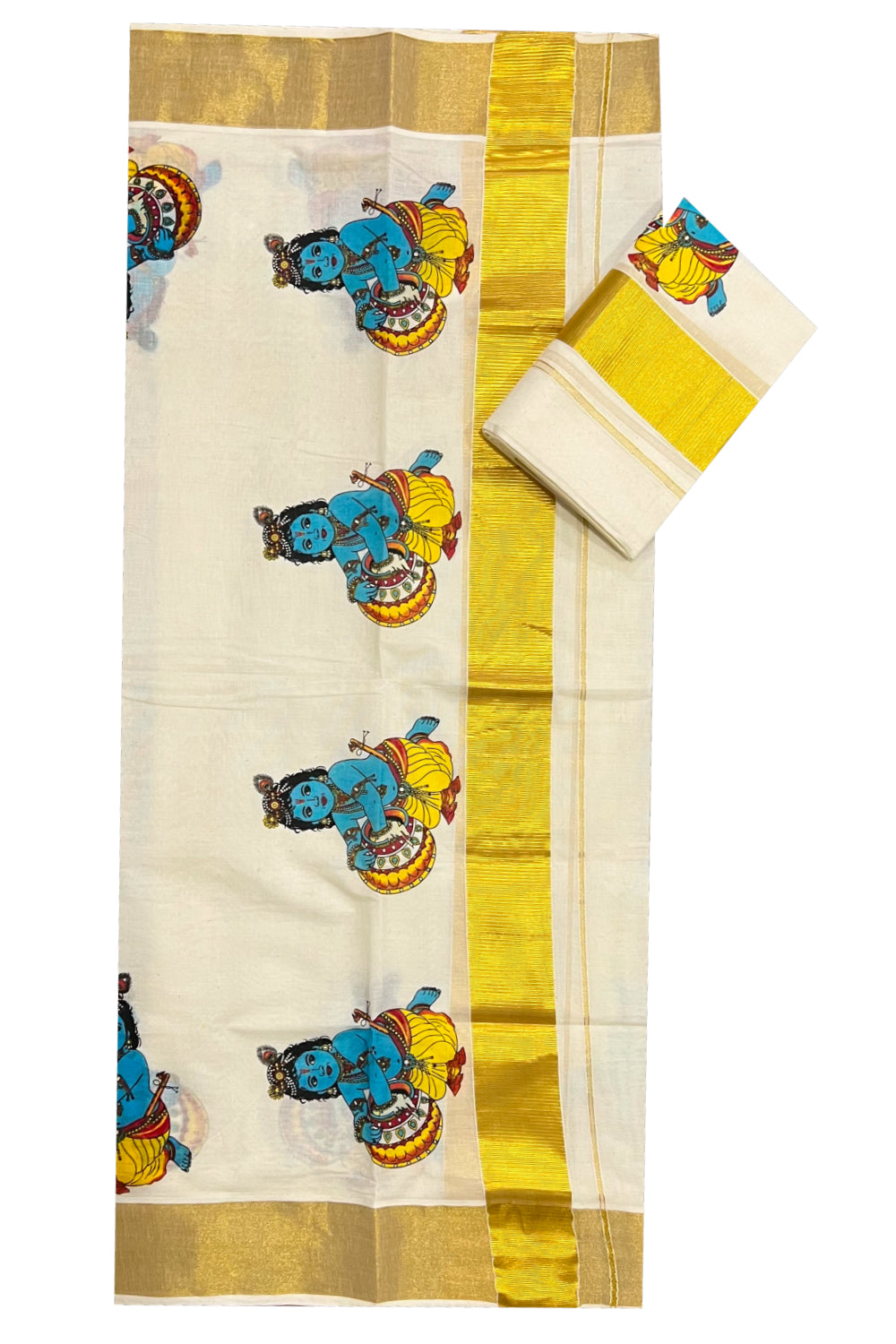 Pure Cotton Kasavu Set Mundu (Mundum Neriyathum) with Baby Krishna Mural Prints on Border 2.80 Mtrs