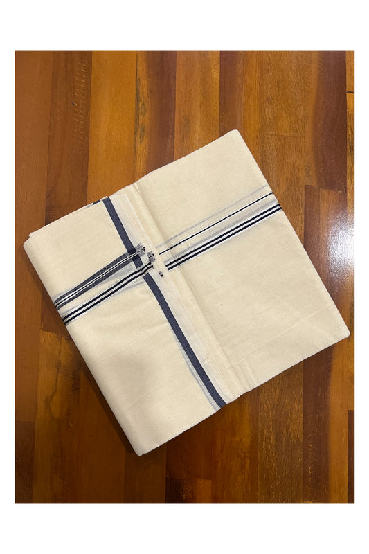 Off White Cotton Mundu with Navy Blue and Silver Kasavu Puliyilakkara Border (South Indian Dhoti)