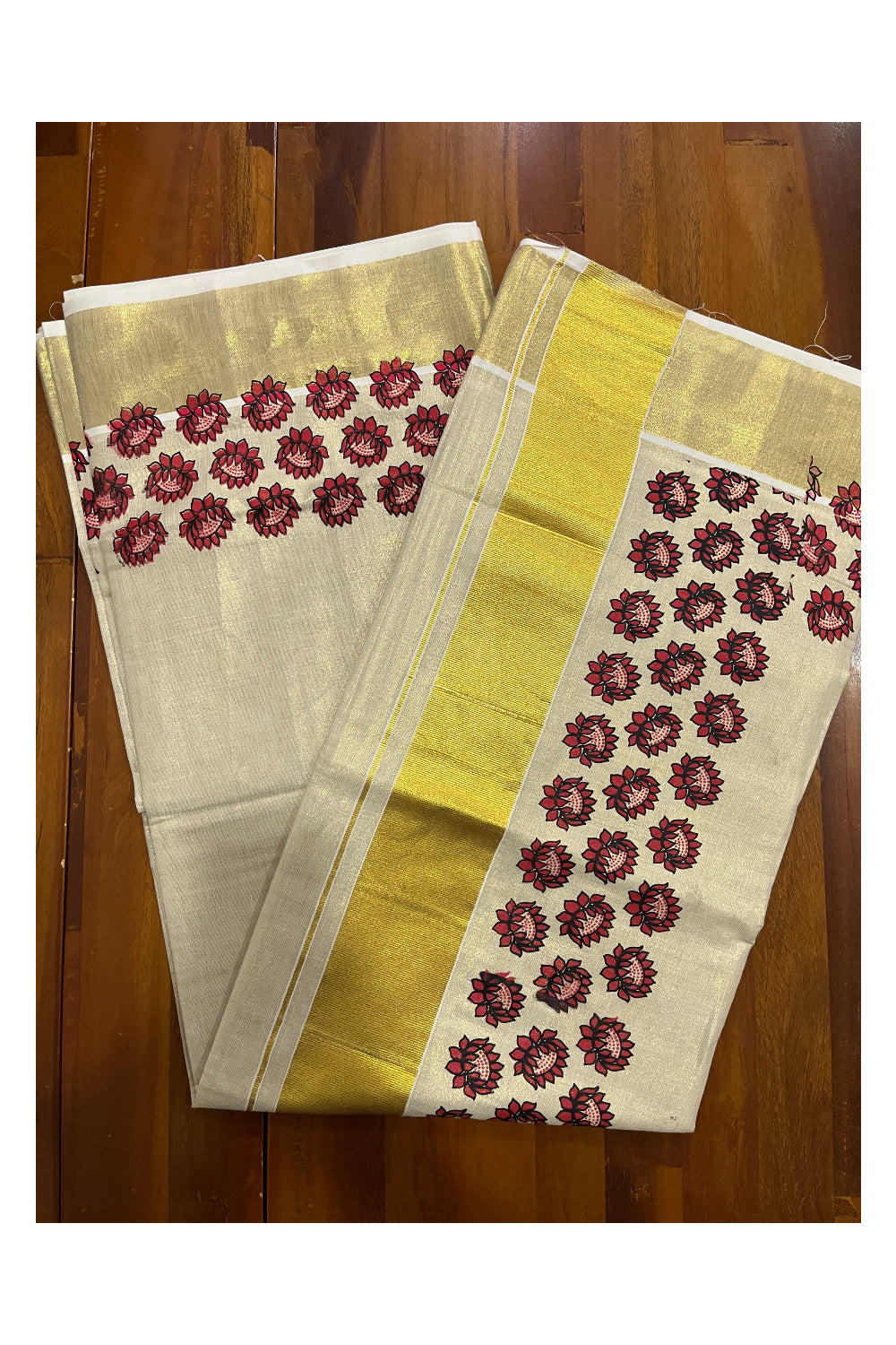 Kerala Tissue Kasavu Saree with Red Floral Block Printed Design