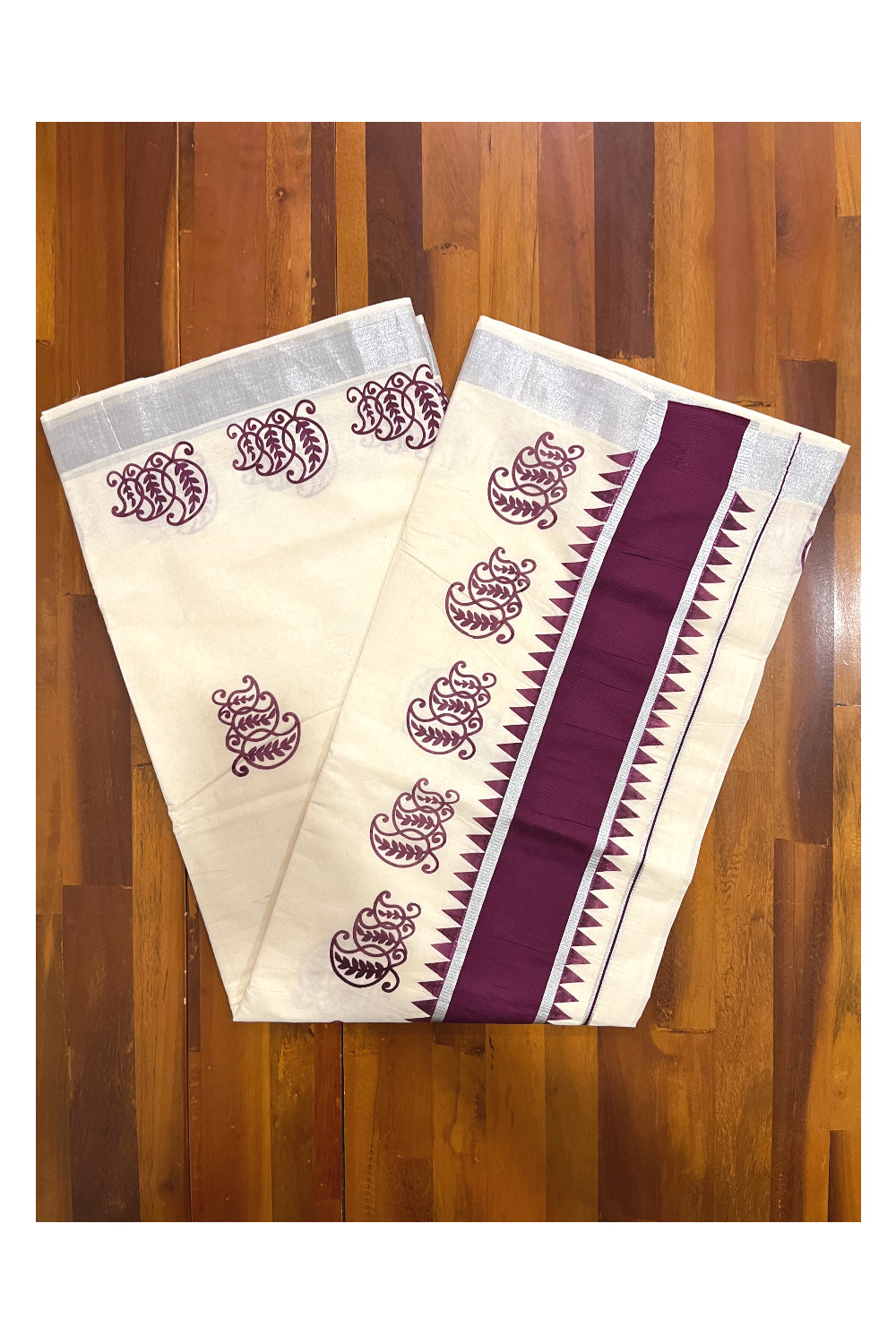 Pure Cotton Kerala Saree with Purple Paisley Block Prints and Silver Kasavu Temple Border (Vishu Saree 2023)