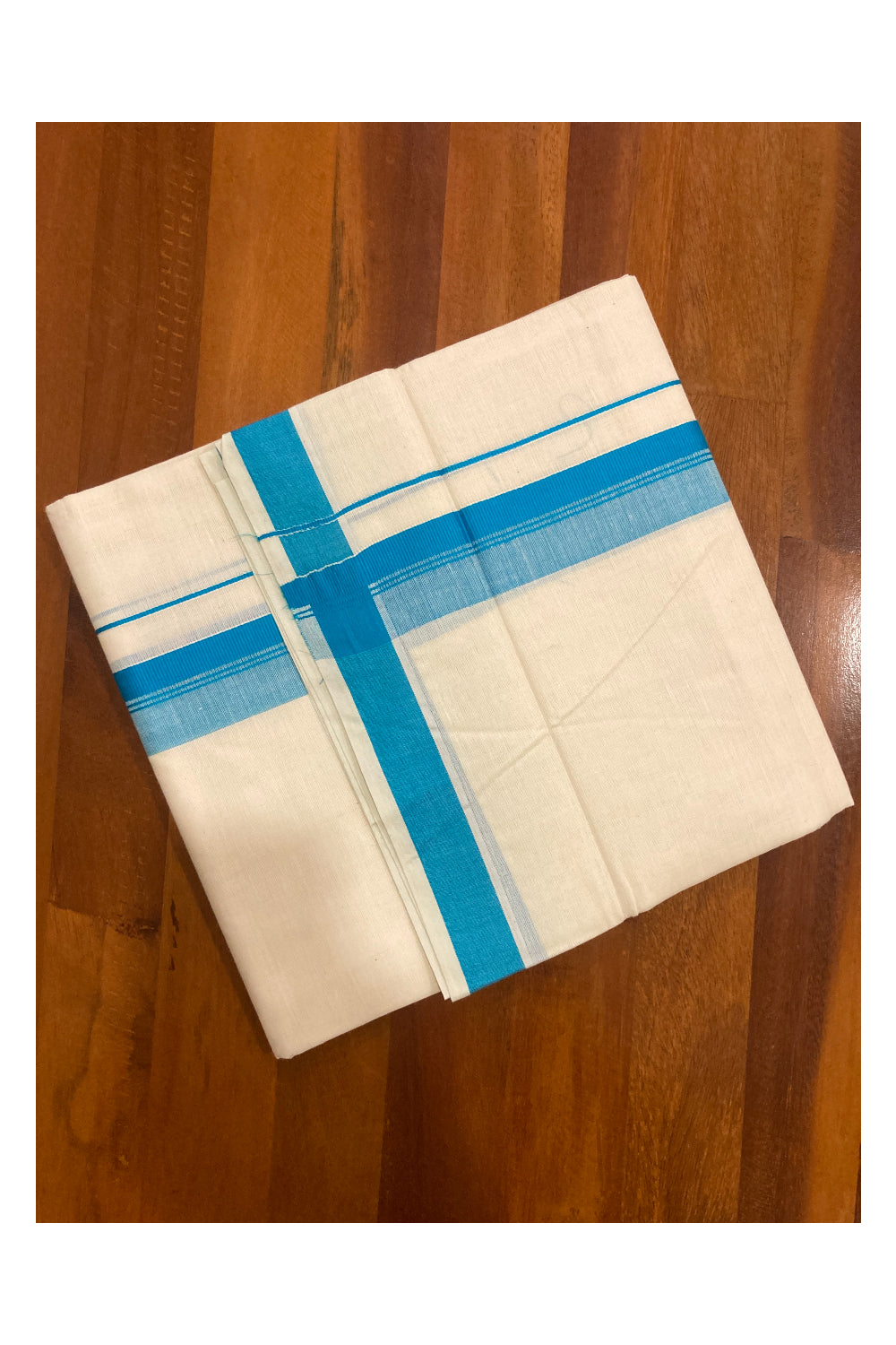 Off White Pure Cotton Double Mundu with Blue Border (South Indian Kerala Dhoti)