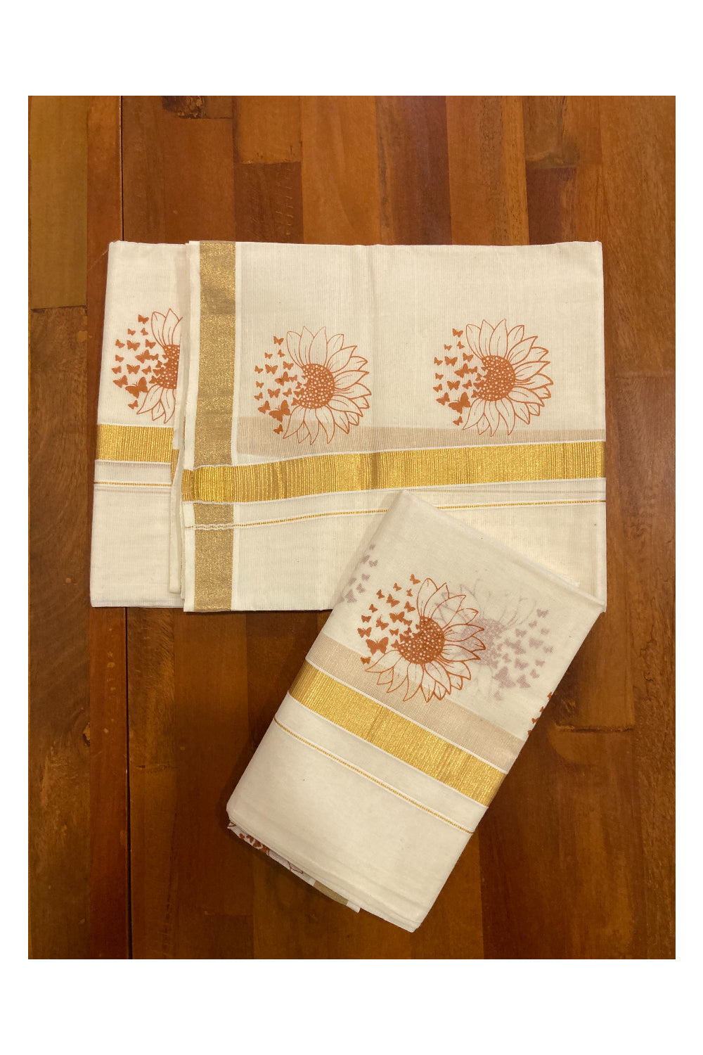 Kerala Cotton Kasavu Set Mundu (Mundum Neriyathum) with Light Brown Block Prints on Border