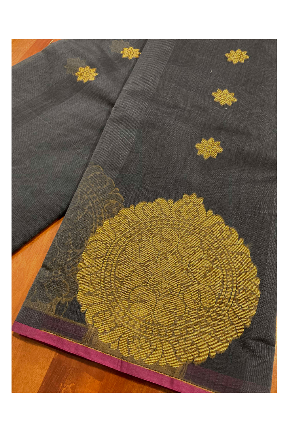 Southloom Sico Gadwal Semi Silk Saree in Dark Grey and Yellow with Floral Motifs (Blouse Piece with Work)