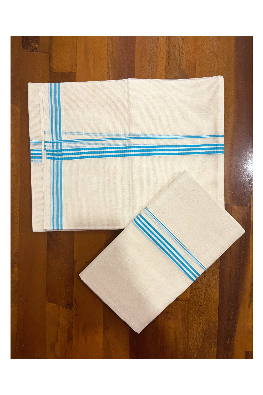 Southloom Premium Handloom Single Set Mundu (Mundum Neriyathum) with Turquoise Lines Border