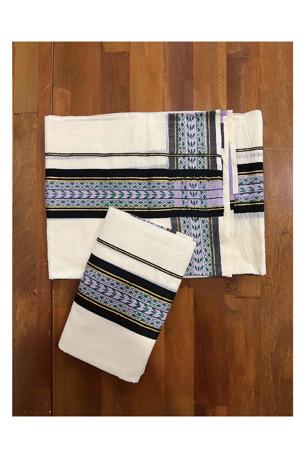 Kerala Cotton Set Mundu (Mundum Neriyathum) with Kasavu Black and Green Block Print Border