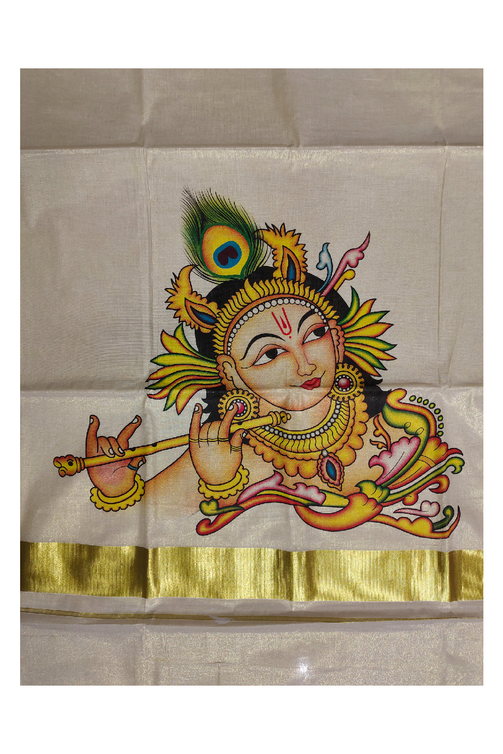 Kerala Tissue Kasavu Onam Saree With Mural Printed Krishna Face Design
