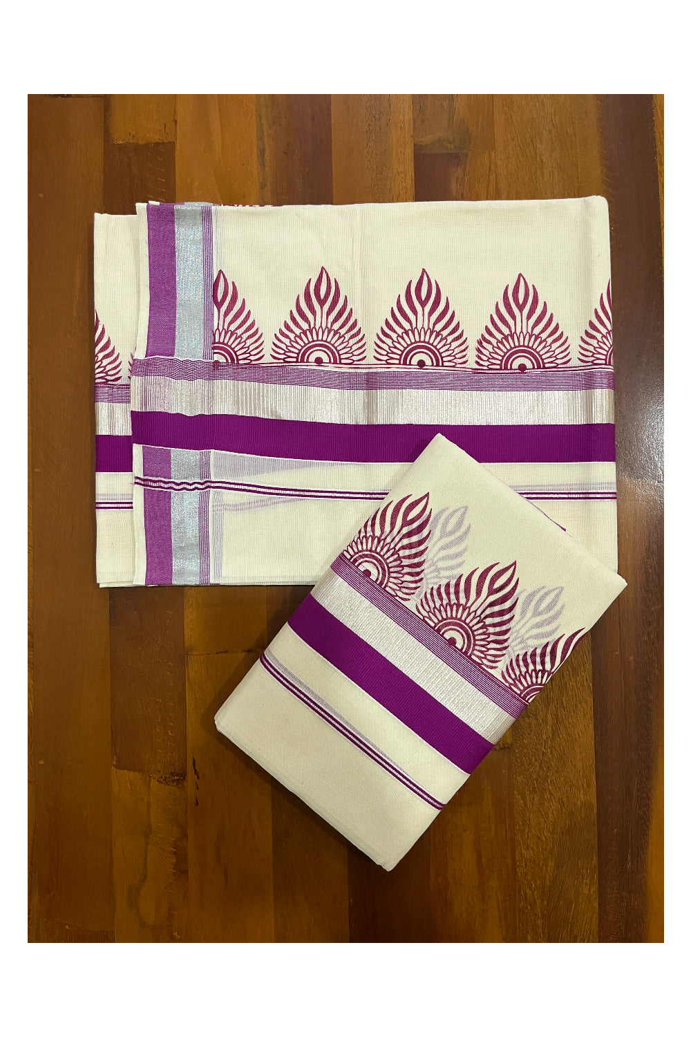 Pure Cotton SIlver Kasavu Single Set Mundu (Mundum Neriyathum Vishu 2023) with Magenta Block Prints 2.80 Mtrs