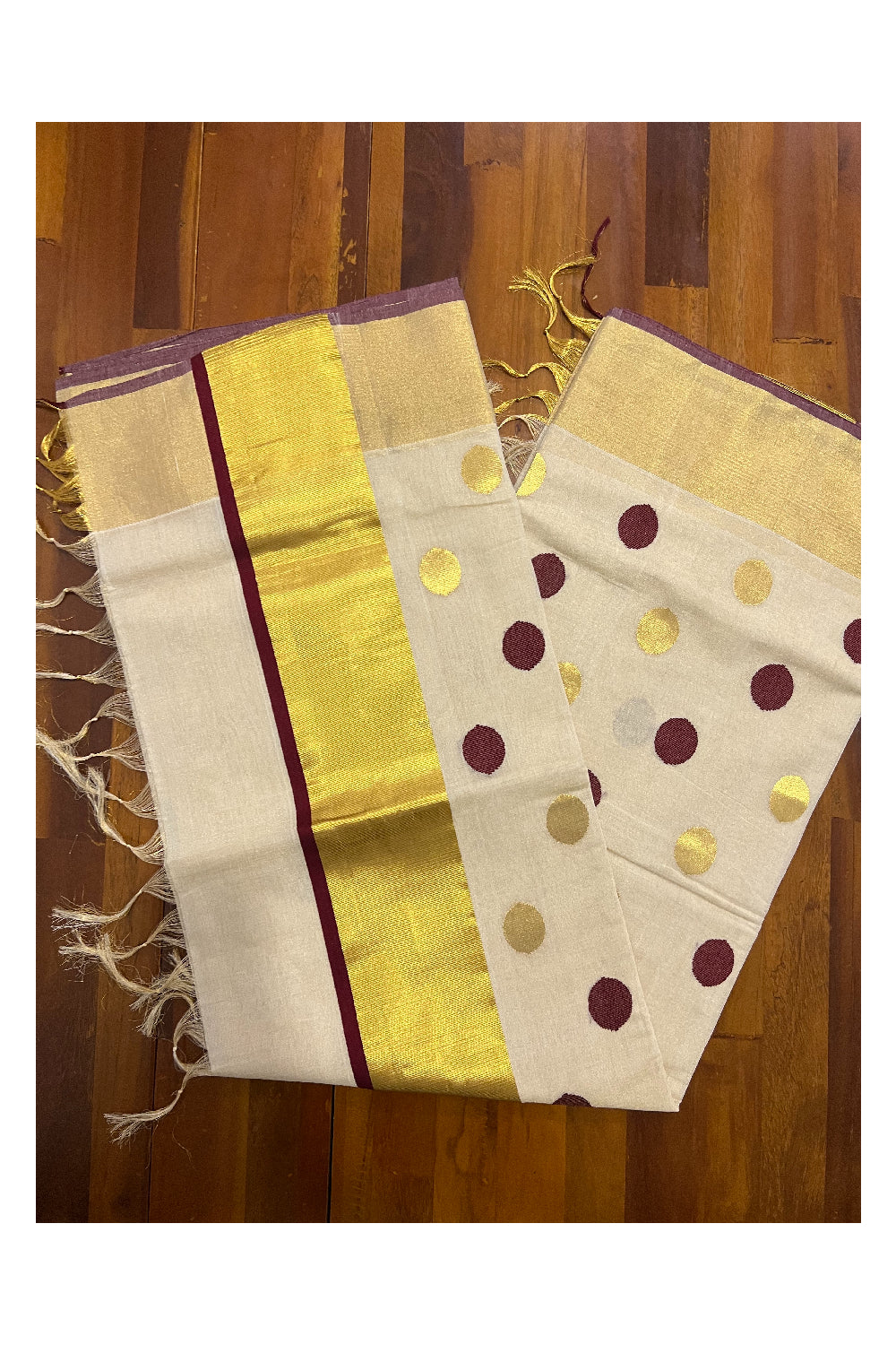 Southloom Premium Handloom Tissue Kasavu and Maroon Polka Work Saree