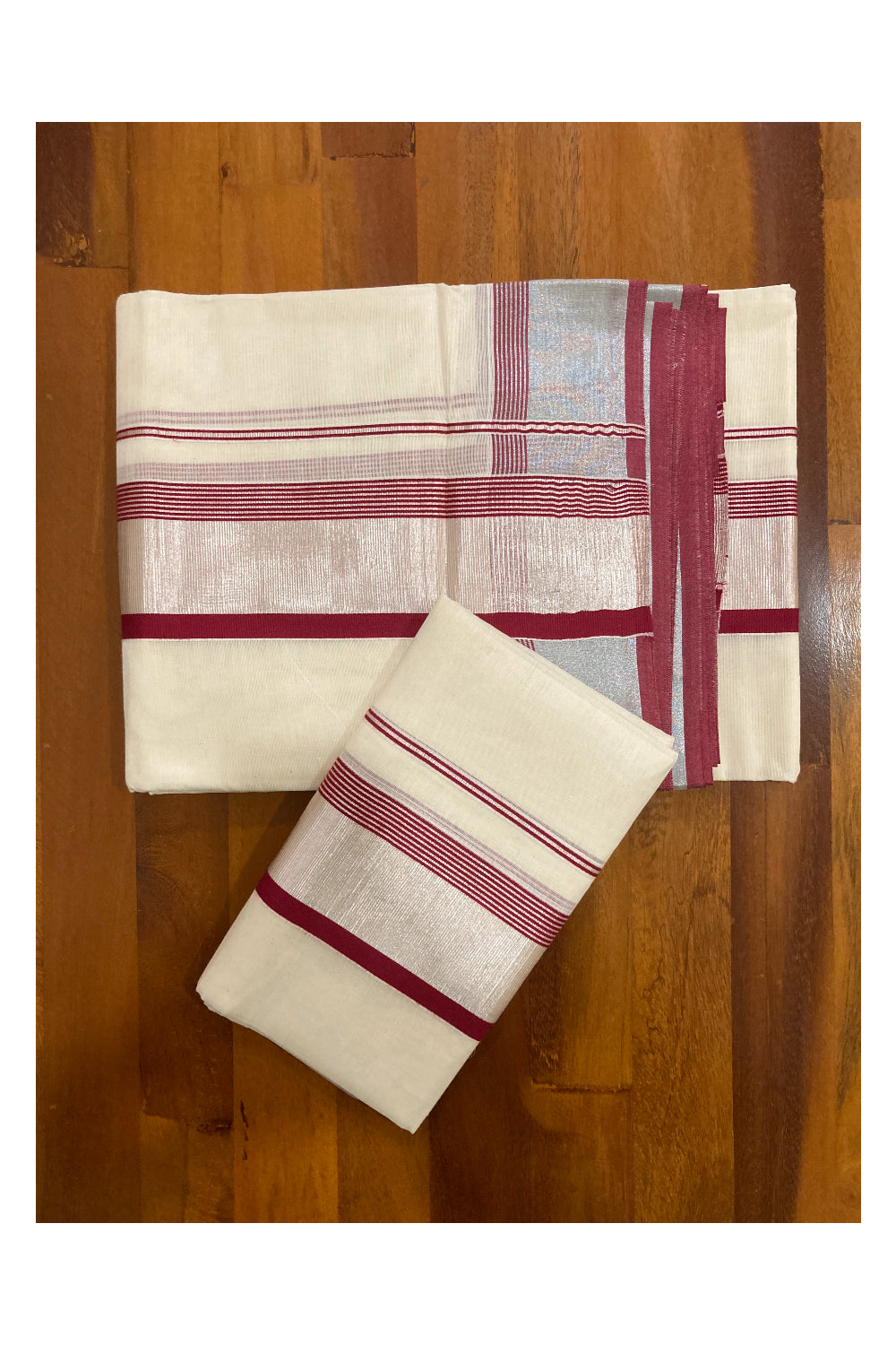 Mundum Neriyathum Double (Set Mundu) with Maroon and Silver Kasavu Border 2.80 Mtrs