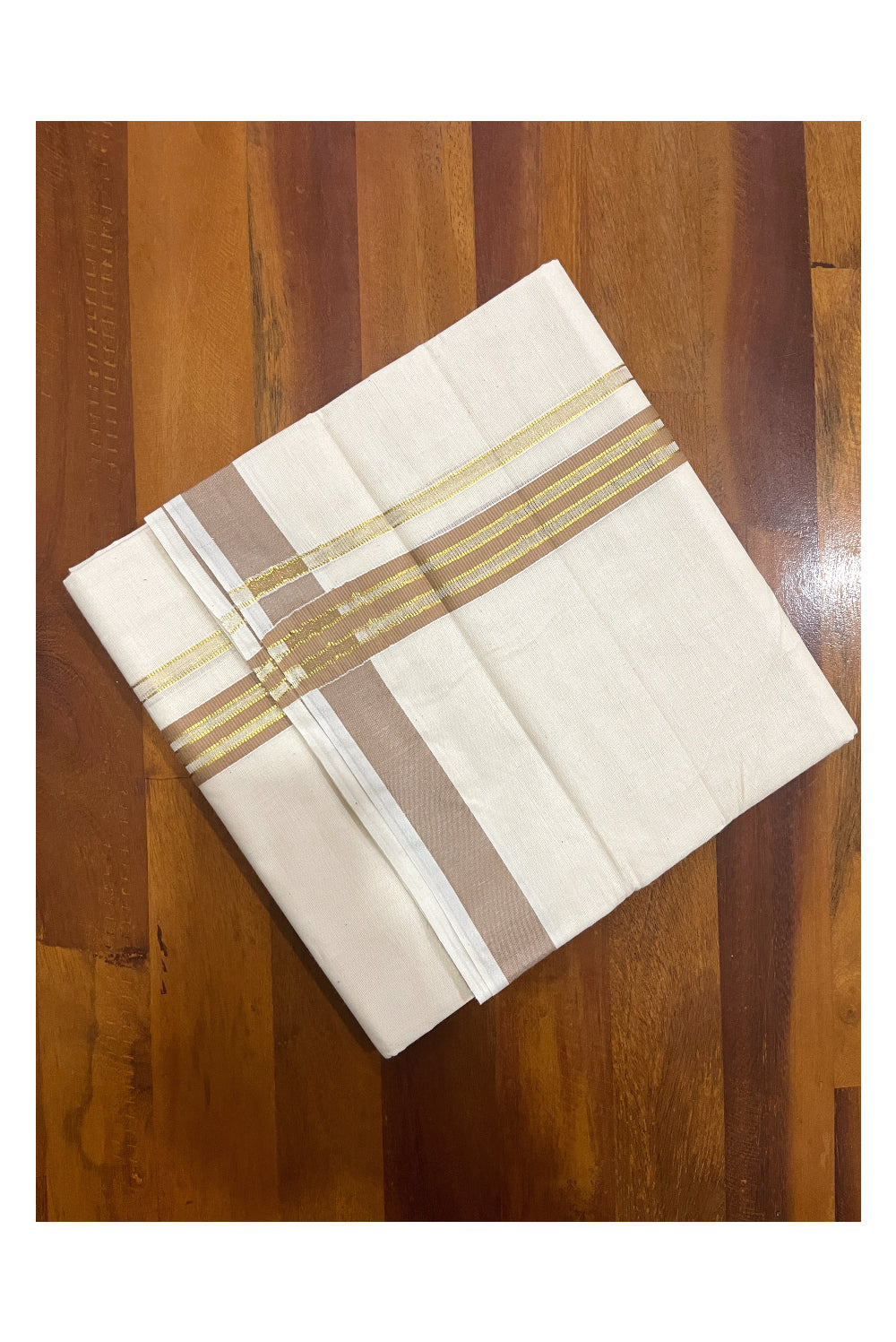 Pure Cotton Off White Double Mundu with Brown and Kasavu Kara (South Indian Dhoti)