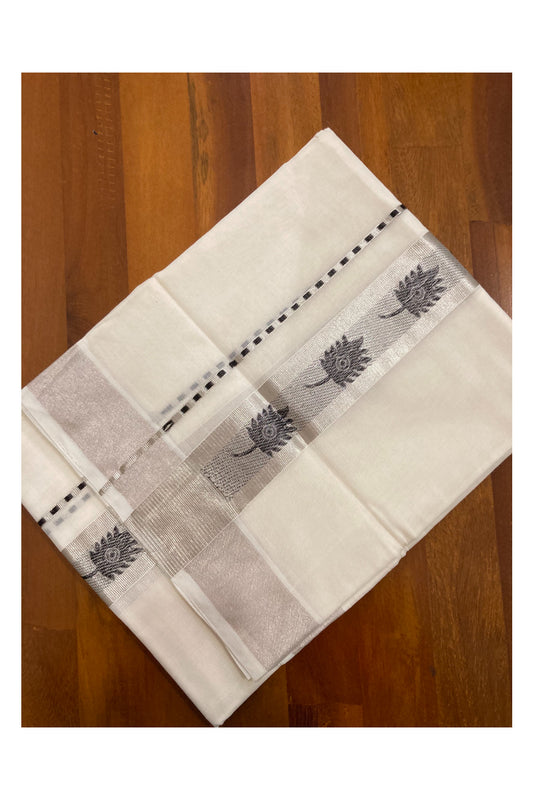 Southloom Handloom Premium Silver Kasavu Double Dhoti with Woven Design Border