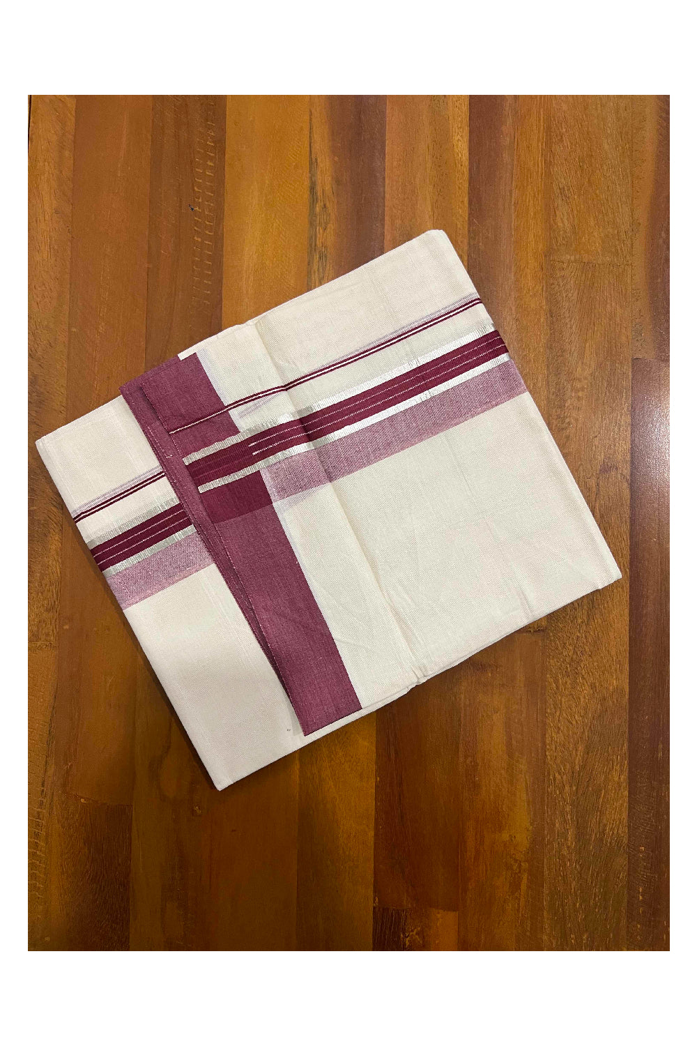 Off White Kerala Double Mundu with Silver Kasavu and Maroon Border (South Indian Dhoti)