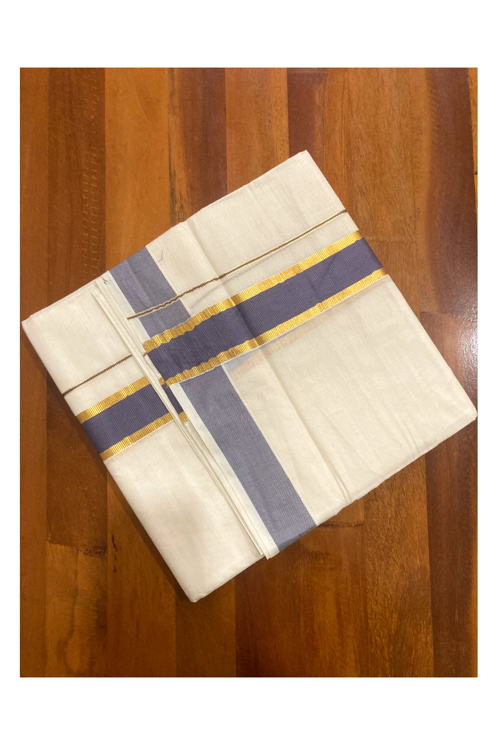 Pure Cotton Double Mundu with Grey and Kasavu Border (South Indian Dhoti)