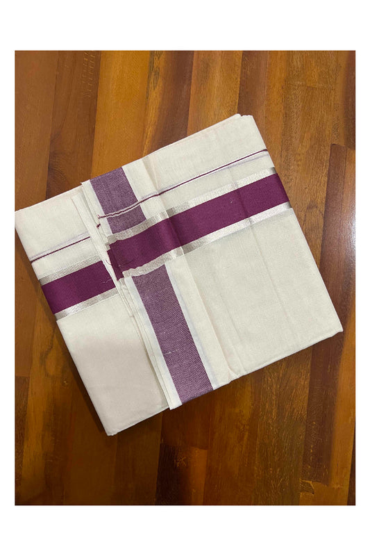 Off White Kerala Double Mundu with Silver Kasavu and Purple Border (South Indian Dhoti)