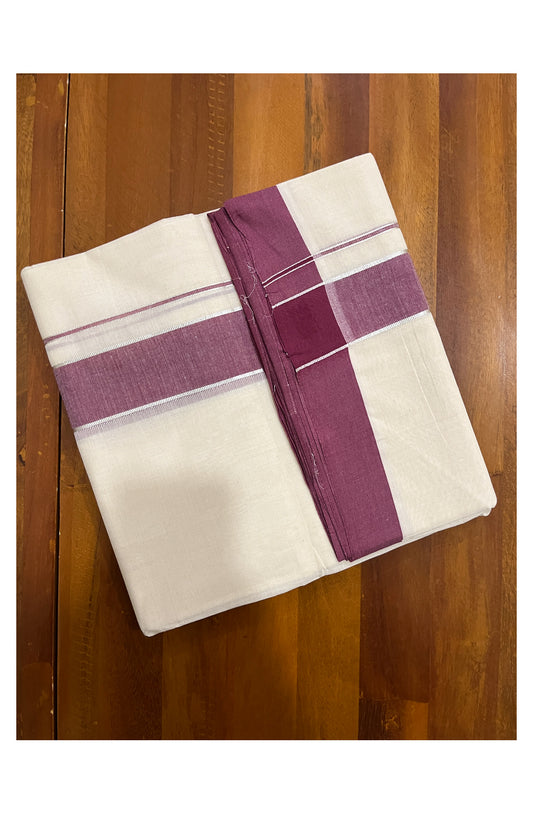 Pure Cotton Off White 100x100 Double Mundu with Silver Kasavu and Maroon Border (South Indian Kerala Dhoti)