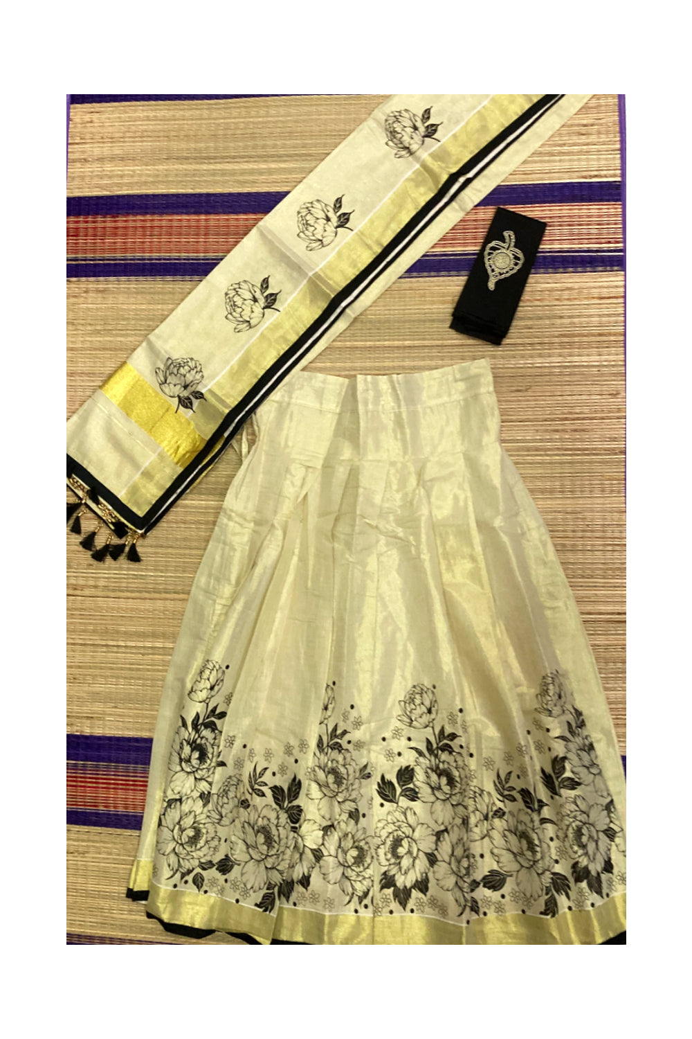 Kerala Tissue Semi Stitched Dhavani Set with Black Floral Mural Printed Design and Black Blouse Piece