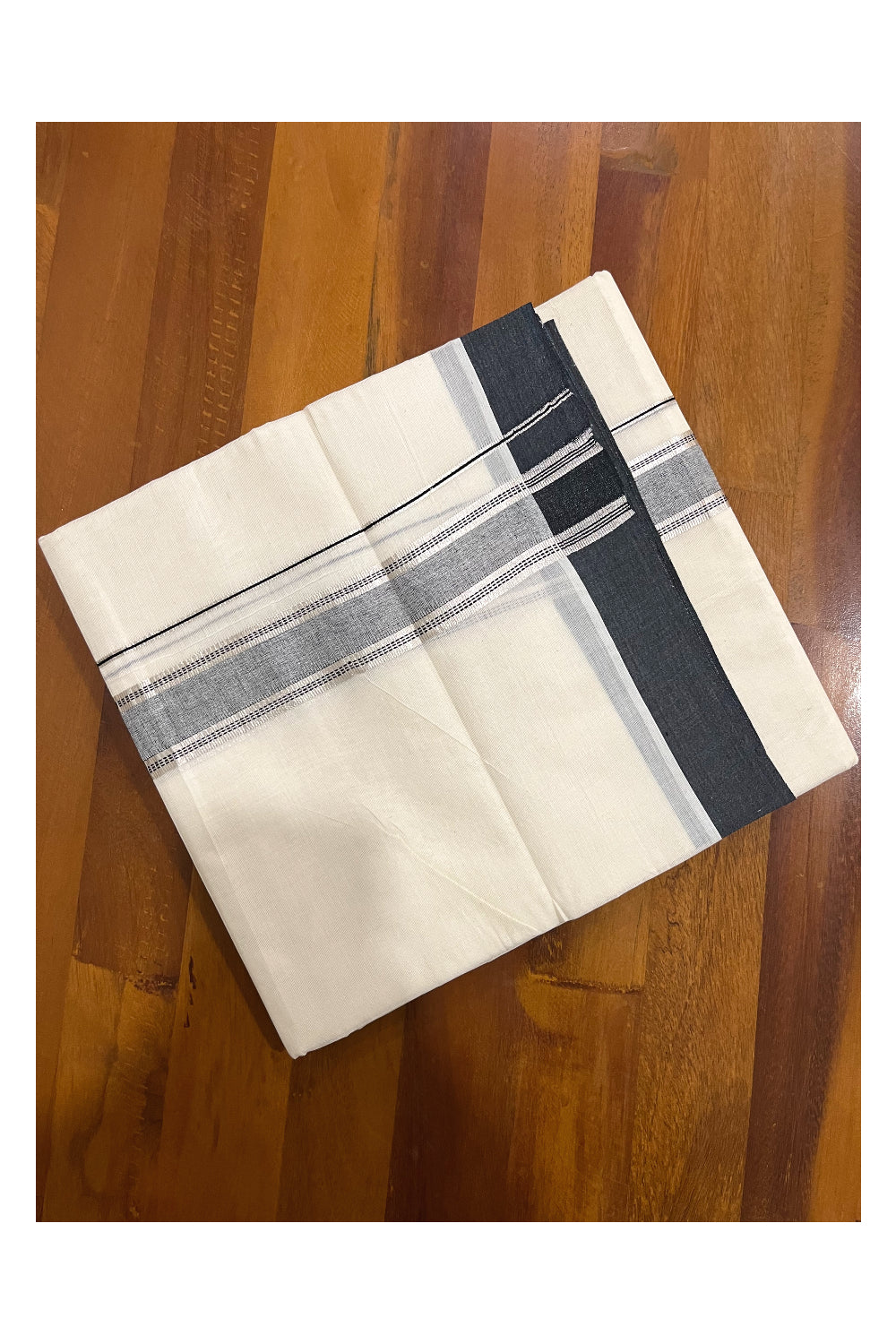 Pure Cotton Off White Double Mundu with Silver Kasavu and Black Border (South Indian Dhoti)