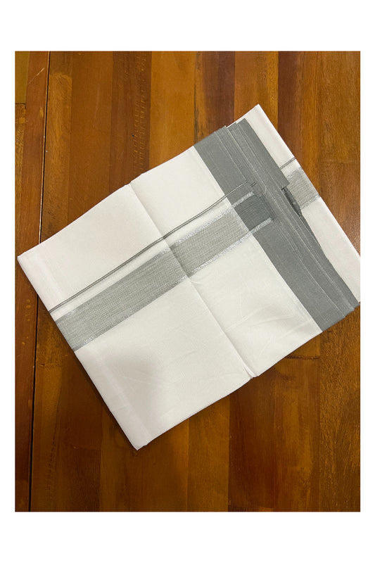 Pure White Kerala Cotton Double Mundu with Silver Kasavu and Grey Border (South Indian Dhoti)