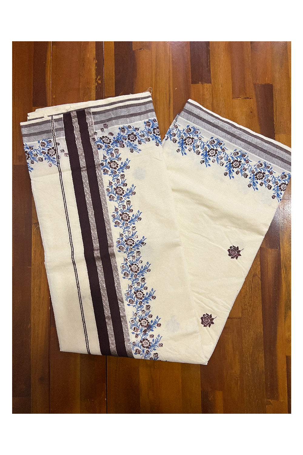 Pure Cotton Kerala Silver Kasavu Saree with Brown and Blue Floral Block Printed Design