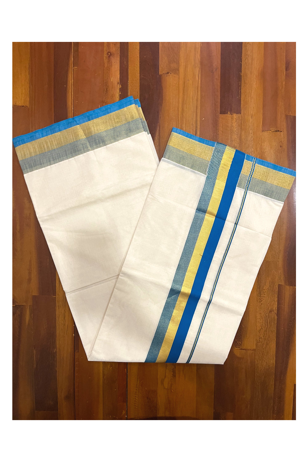 Kerala Pure Cotton Plain Saree with Kasavu and Blue Border