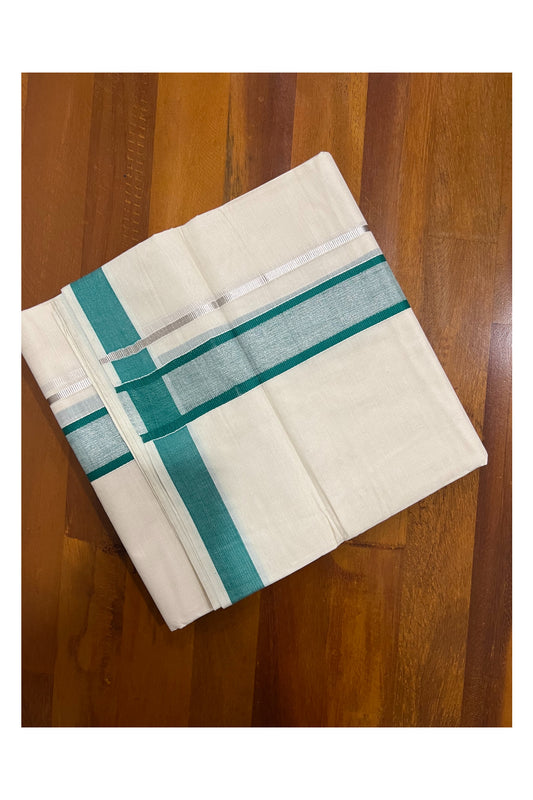 Pure Cotton Off White Double Mundu with Silver Kasavu and Green Border (South Indian Dhoti)