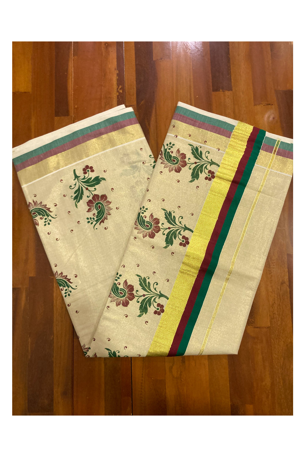 Kerala Tissue Kasavu Saree With Mural Floral Printed Design and Green Maroon Border