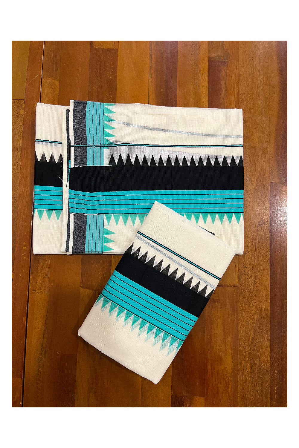 Pure Cotton Set Mundu (Mundum Neriyathum) with Turquoise and Black Temple Block Prints on Border