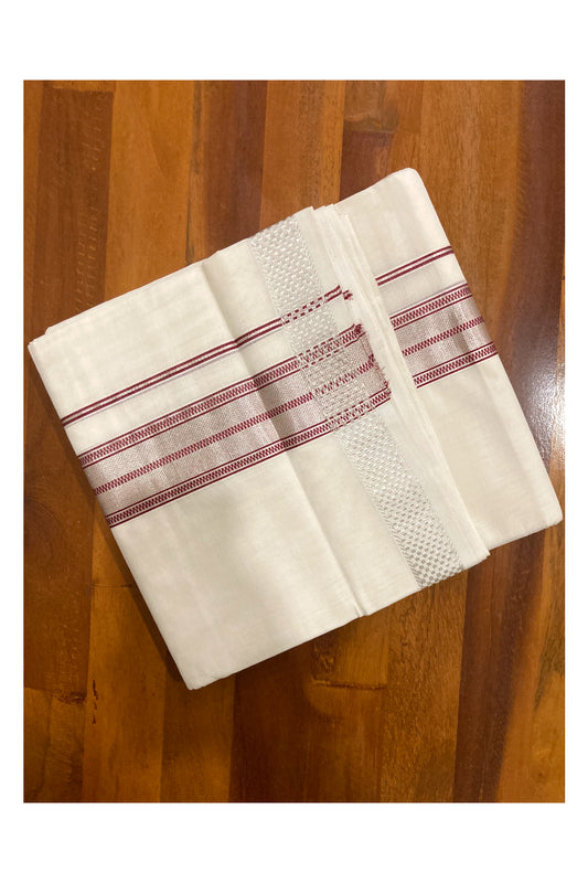 Southloom Premium Handloom Pure Cotton Mundu with Maroon and Silver Kasavu Border (South Indian Dhoti)