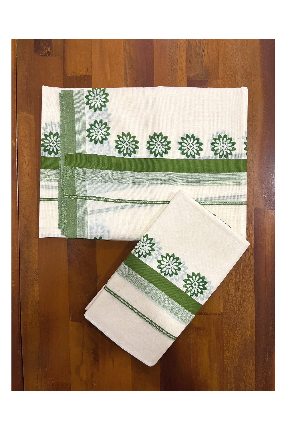 Kerala Cotton Single Set Mundu (Mundum Neriyathum) with Green Floral Block Prints on Border