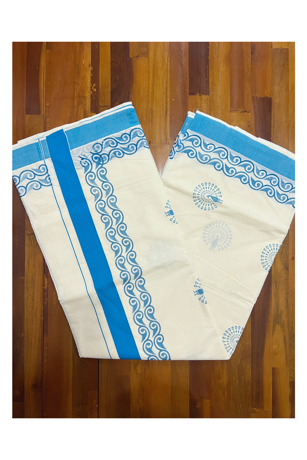 Pure Cotton Kerala Saree with Light Blue Peacock Block Printed Design