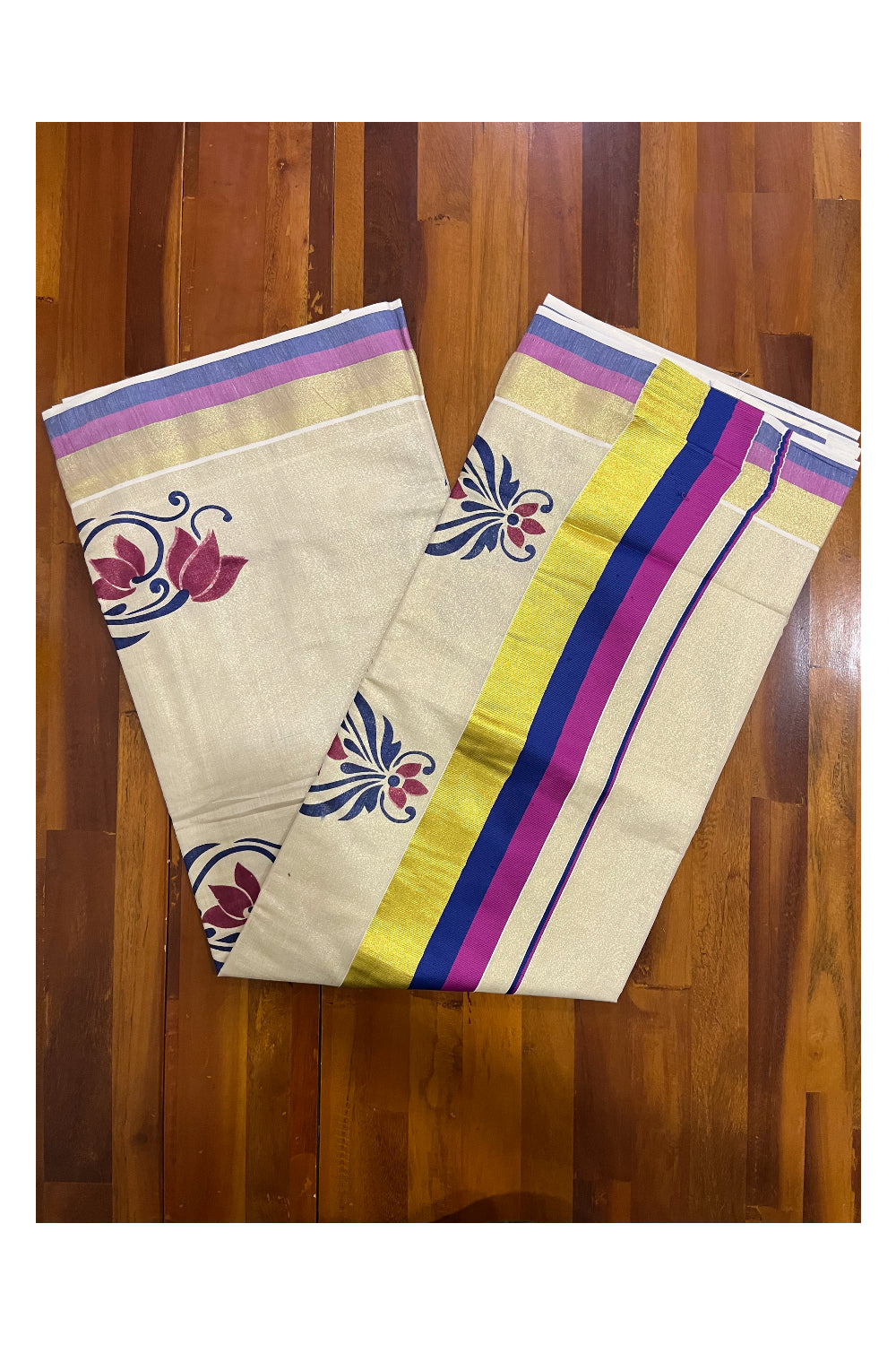 Kerala Tissue Kasavu Saree With Mural Floral Printed Design and Magenta Blue Border