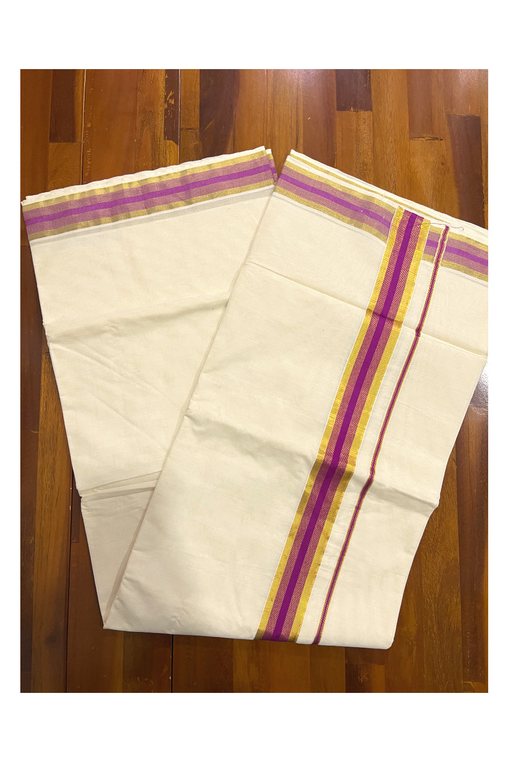 Pure Cotton Kerala Saree with Kasavu and Magenta 2 inch Border