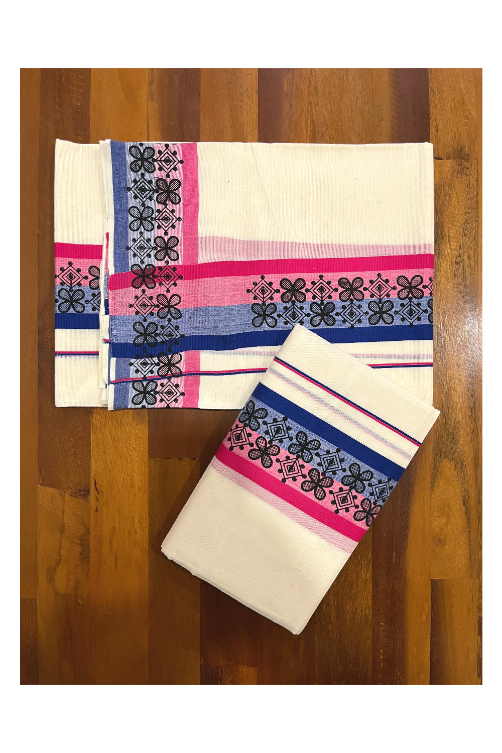 Kerala Cotton Single Set Mundu (Mundum Neriyathum Vishu 2023) with Black Block Prints on Pink Blue Border