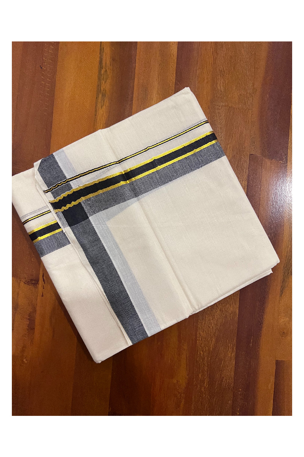 Off White Pure Cotton Double Mundu with Kasavu and Black Kara (South Indian Dhoti)