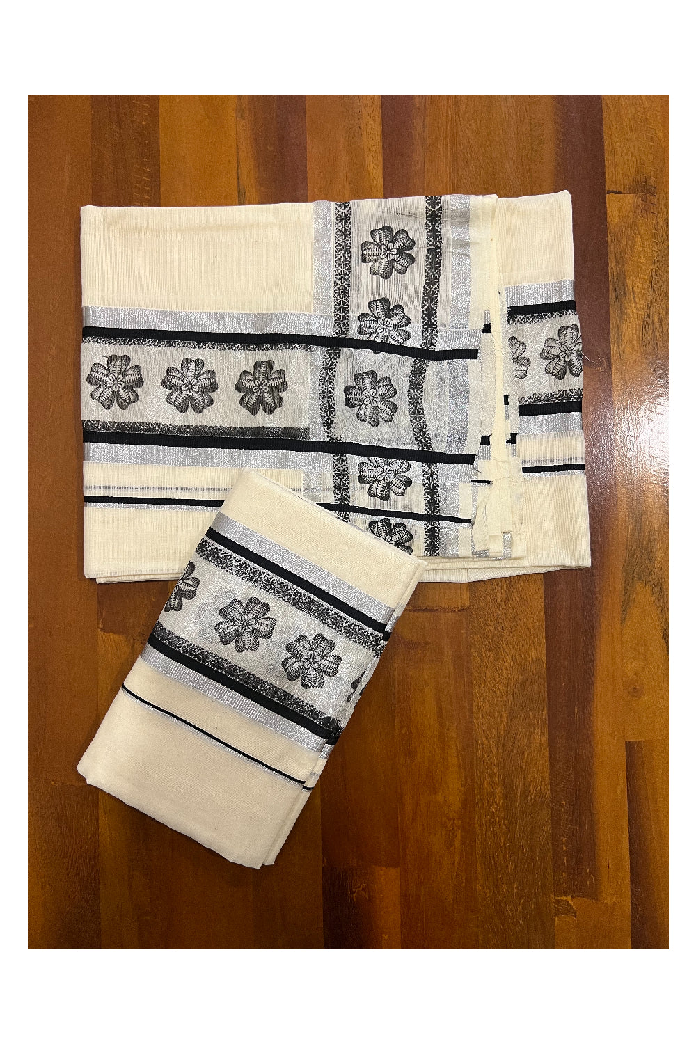 Cotton Silver Kasavu Set Mundu (Mundum Neriyathum) with Black Floral Block Prints on Border