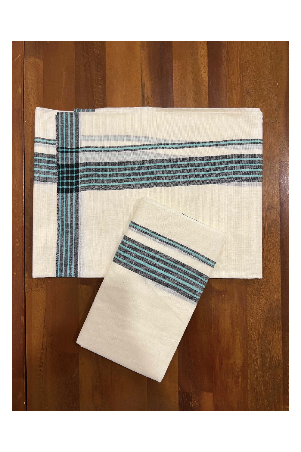 Kerala Cotton Mundum Neriyathum Single (Set Mundu) with Black and Light Blue Mulloth Border (Extra Soft Cotton)