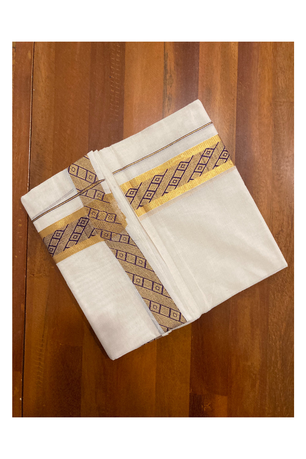 Off White Kerala Double Mundu with Kasavu and Violet Woven Border (South Indian Dhoti)