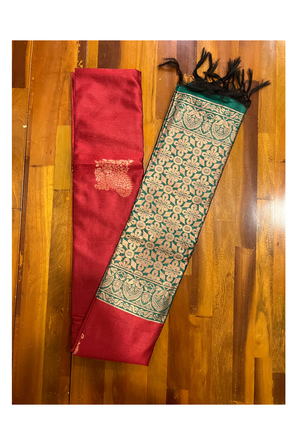 Southloom Red Semi Silk Designer Saree with Copper Kasavu Woven Works on Body