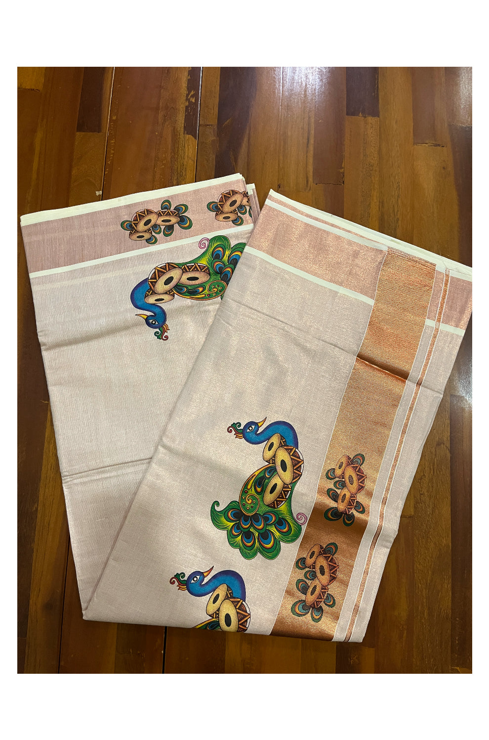 Kerala Copper Tissue Kasavu Saree With Mural Printed Peacock Design