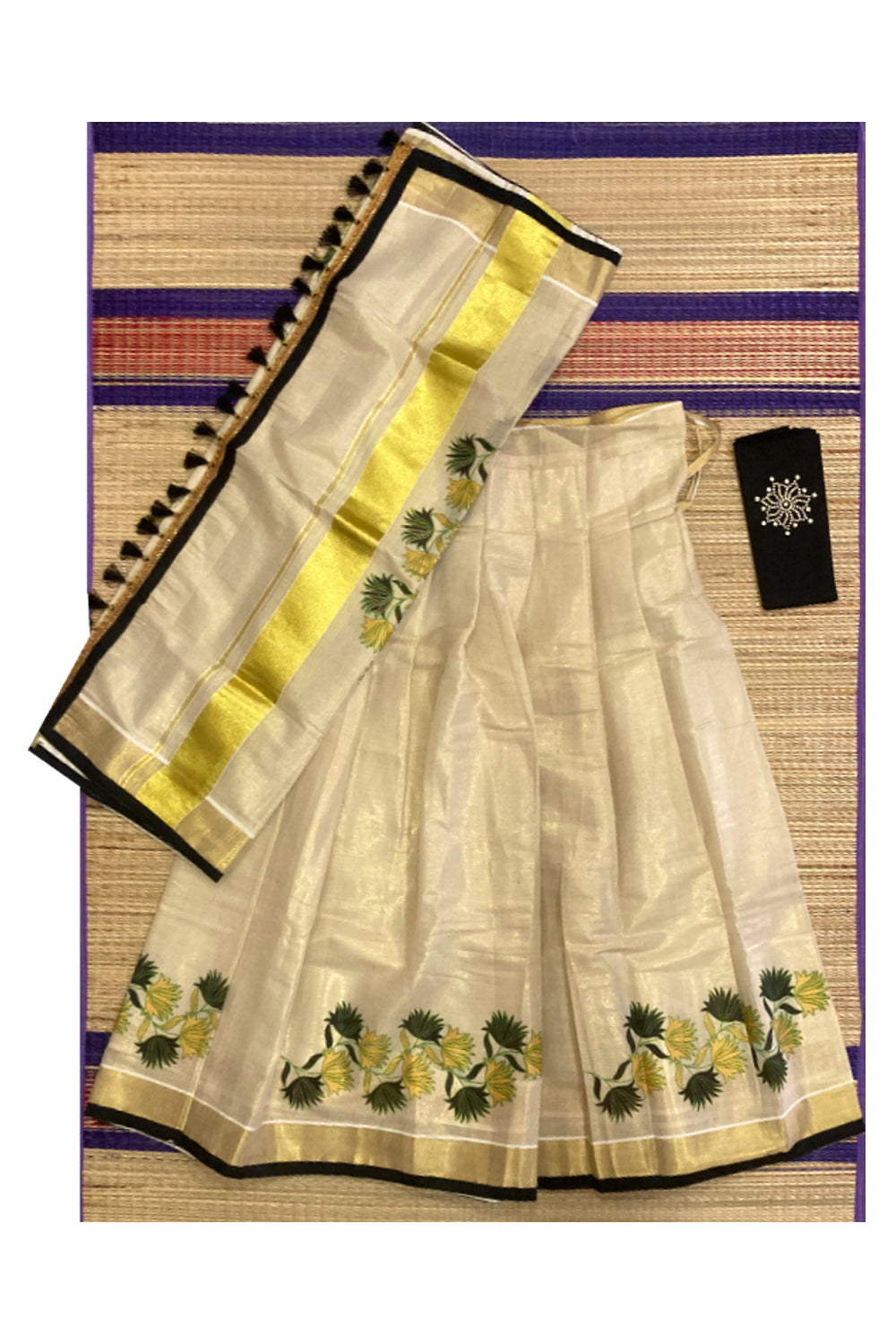 Semi Stitched Dhavani Set with Mural Printed Tissue Pavada and Black Bead Work Blouse Piece