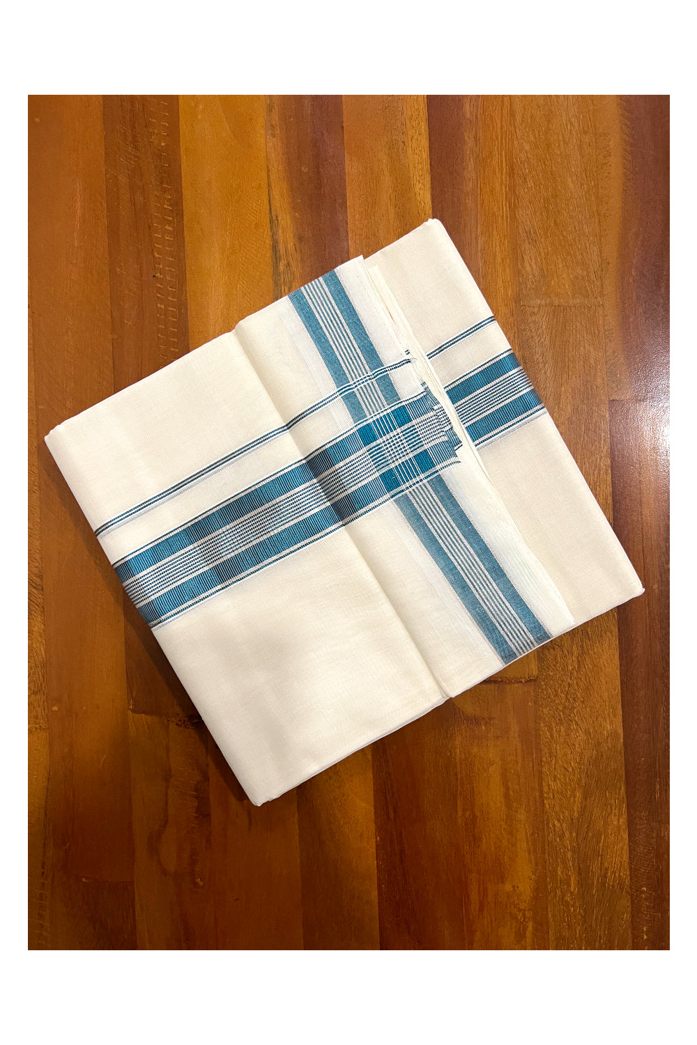 Southloom Premium Handloom Pure Cotton Mundu with Silver and Blue Kasavu Designer Border (South Indian Dhoti)